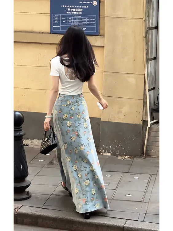 韩系复古甜辣氛围感蕾丝镂空短袖上衣夏季高腰碎花牛仔半身裙套装