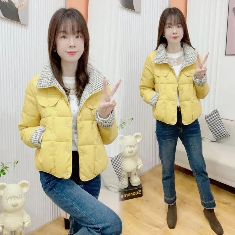 时尚格纹拼接棉服女2025冬季新款韩系短款棉衣小个子棉袄保暖外套