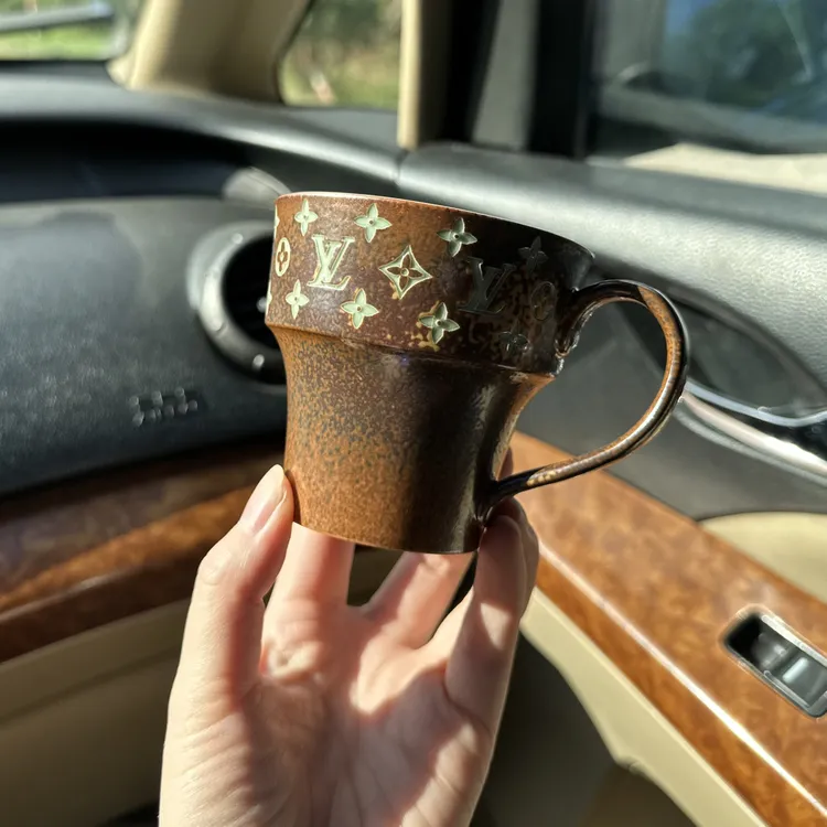 龙泉lv风格 梅青灰釉咖啡杯 高端茶器 手把咖啡杯 茶杯奶茶杯陶瓷