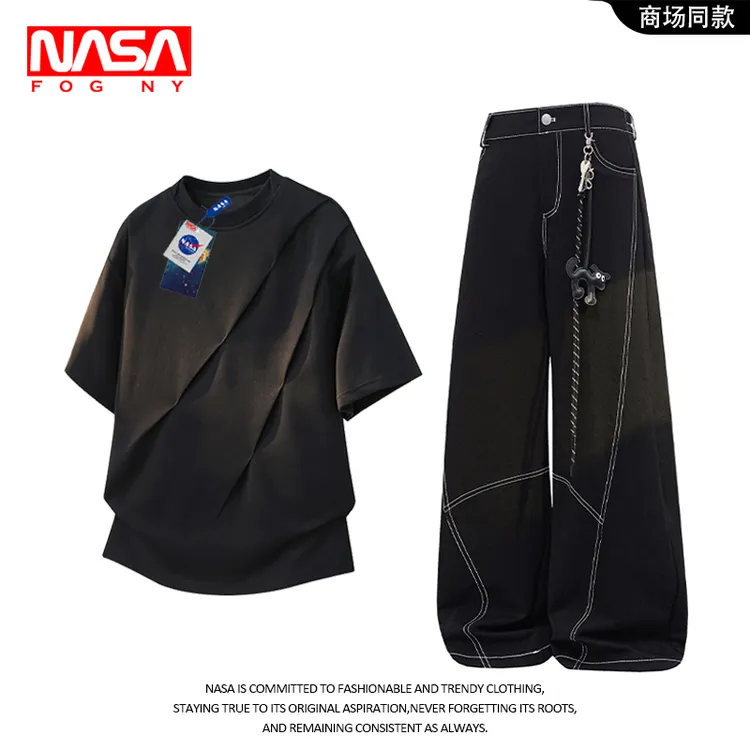 NASA夏季时尚个性褶皱短袖T恤男士潮帅气宽松直筒百搭休闲裤套装