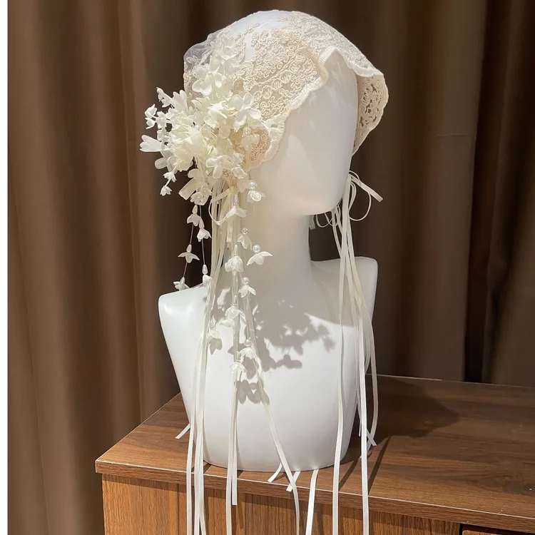 金钻新娘头饰气质森系时尚小众白色流苏复古百搭蕾丝帽古风法式