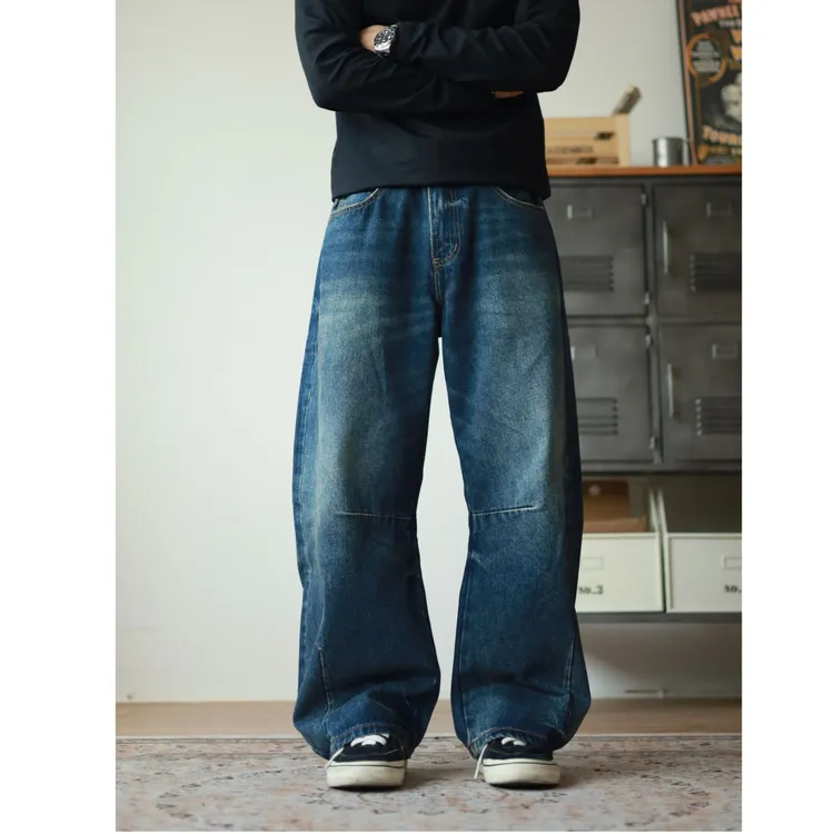 HEIYU 美式复古深蓝弯刀裤型粗竹节质感潮流百搭牛仔裤长裤郝人