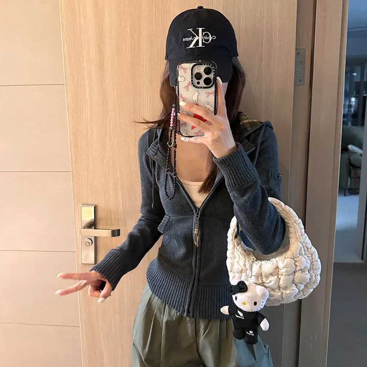 灰色复古连帽毛衣开衫女秋装修身针织外套慵懒风拉链百搭短款上衣