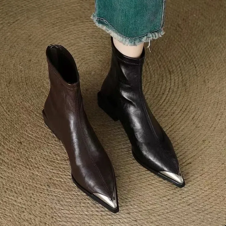 9656粗跟拉链休闲风防滑短靴弹力高跟单靴气质