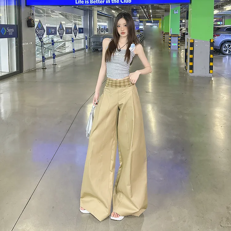 2025夏季新款拼接格子宽松阔腿裤女美式时尚设计感百搭显瘦休闲裤