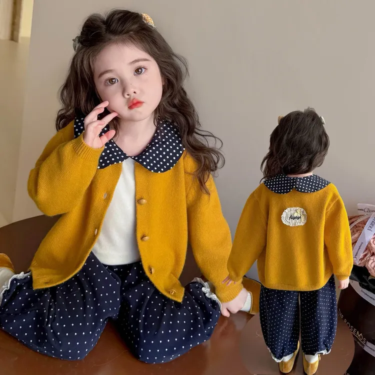 儿童秋季套装小香风圆领针织单排扣开衫女宝娃娃领打底衫花边长裤