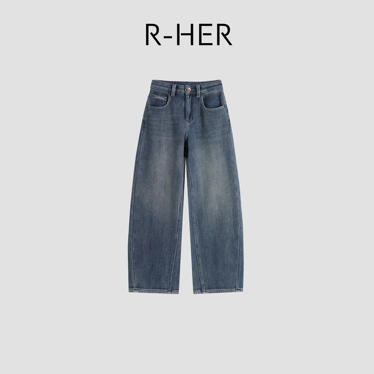 R-HER“暖绒蓝牛”慵懒松弛感洋气显瘦长裤复古阔腿牛仔裤RP5NKX024