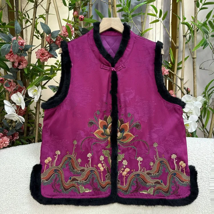 【锦绣江南】提花纹中式复古刺绣坎肩无袖立领新国风刺绣缎面马甲