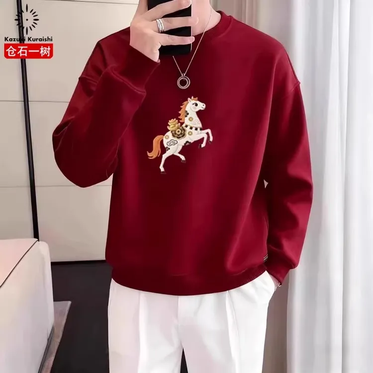 仓石一树马年刺绣圆领卫衣男本命年高级感男装宽松内搭打底衫男款