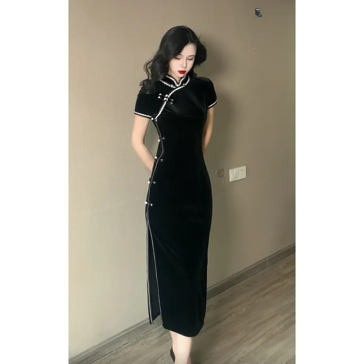 【明珠】玉簪记秋季新款进口丝绒不褪色显瘦弹力中式少女旗袍连衣裙