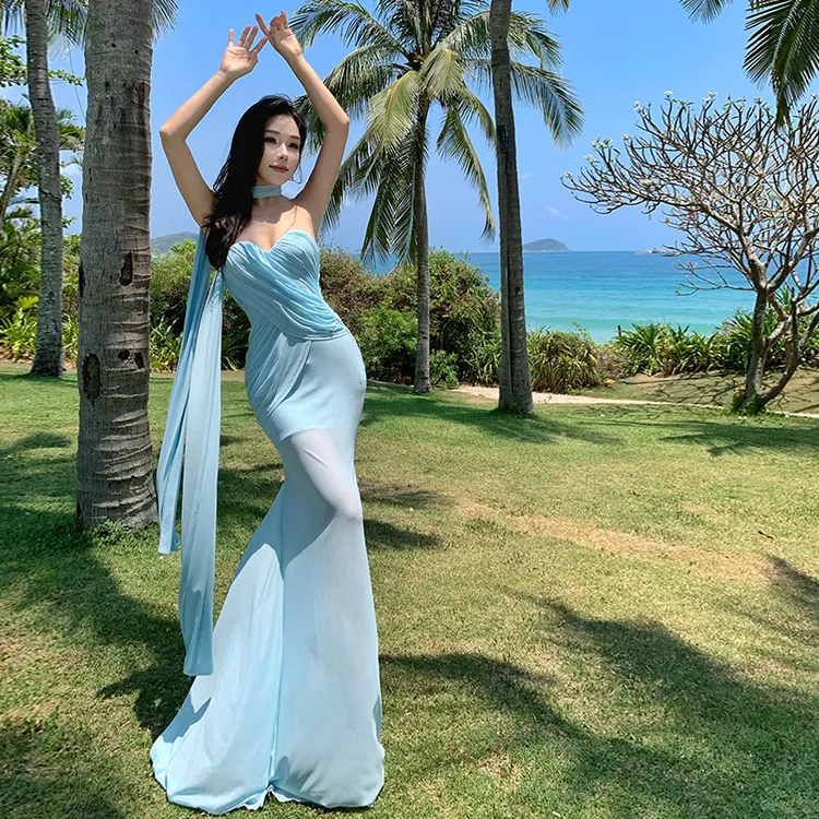 网纱飘带修身褶皱度假长裙设计不对称鱼尾长裙连衣裙