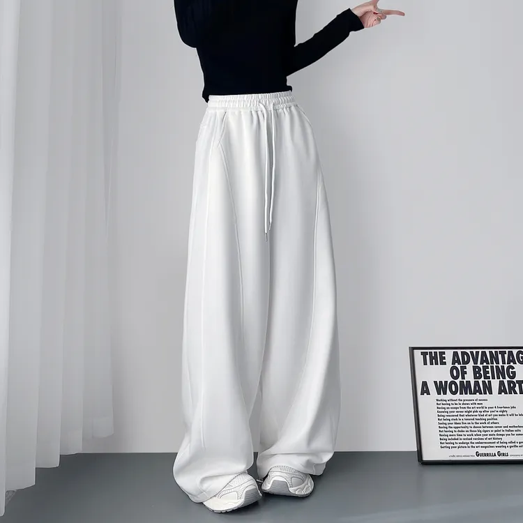 白色高腰显瘦阔腿裤女2025冬季新款胖mm梨型身材慵懒风休闲卫裤子