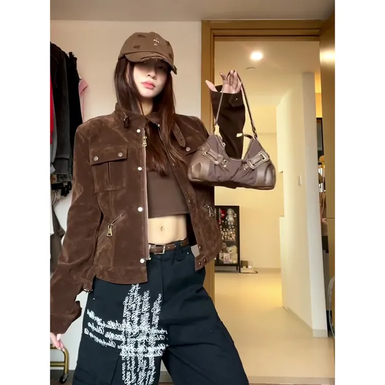 美式复古美拉德工装风夹克上衣女秋季新款宽松正肩短麂皮通勤外套