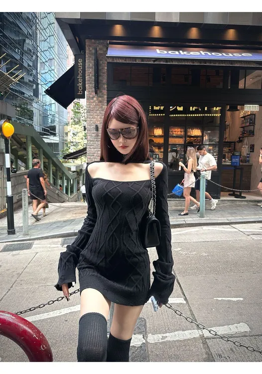 偷心陷阱 镂空设计感辣妹气质长袖针织连衣裙高级感修身包臀裙女