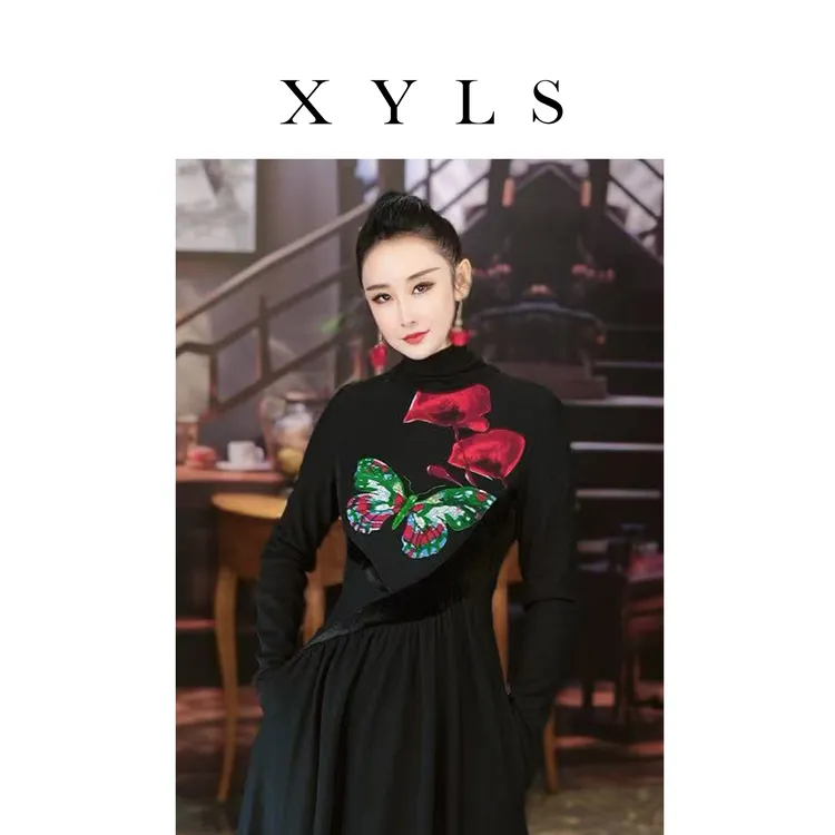 加绒弹力网纱连衣裙秋冬T006509