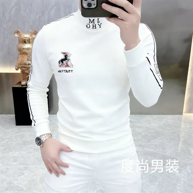冬季新款男士高品质打底衫刺绣加绒时尚潮流百搭半高领长袖卫衣