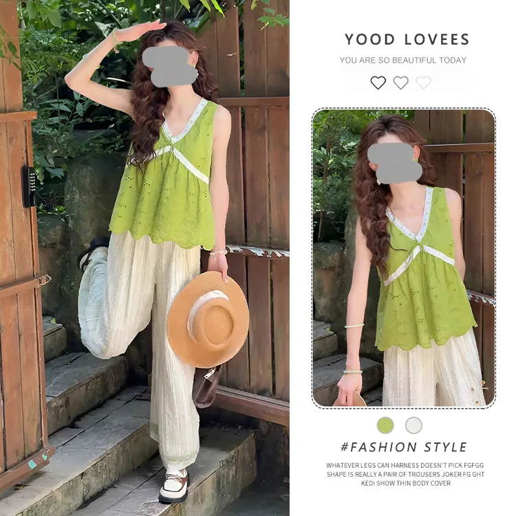 套装女夏季2025年新款花边V领无袖衬衫高腰休闲裤休闲时尚两件套