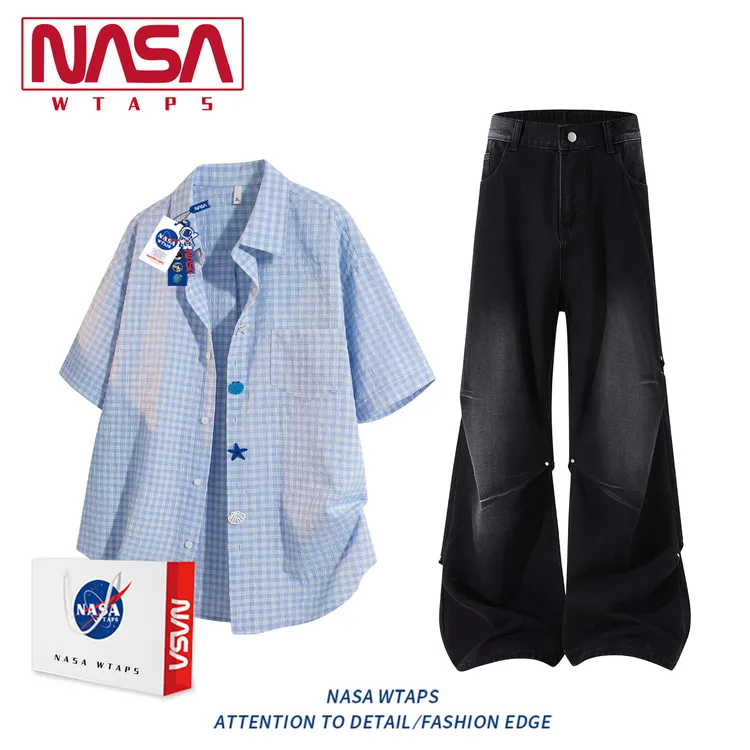NASA WTAPS户外运动套装男女韩系短袖衬衫夏季休闲衬衣牛仔裤外套