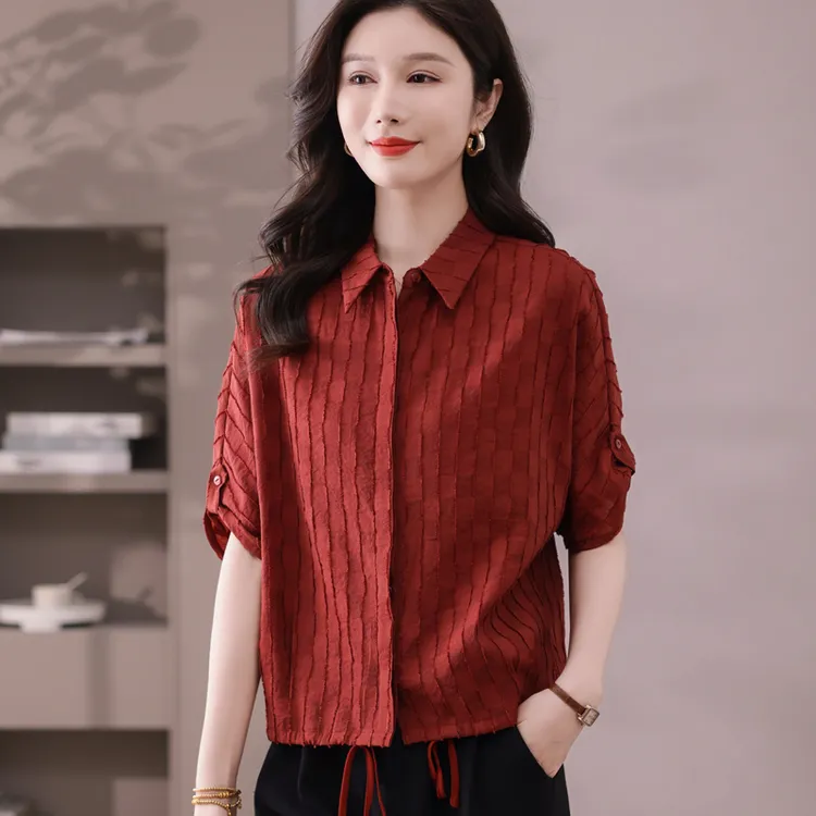 2025夏季新款妈妈短袖衬衣薄款宽松通勤百搭纯色抽绳显瘦小衫上衣