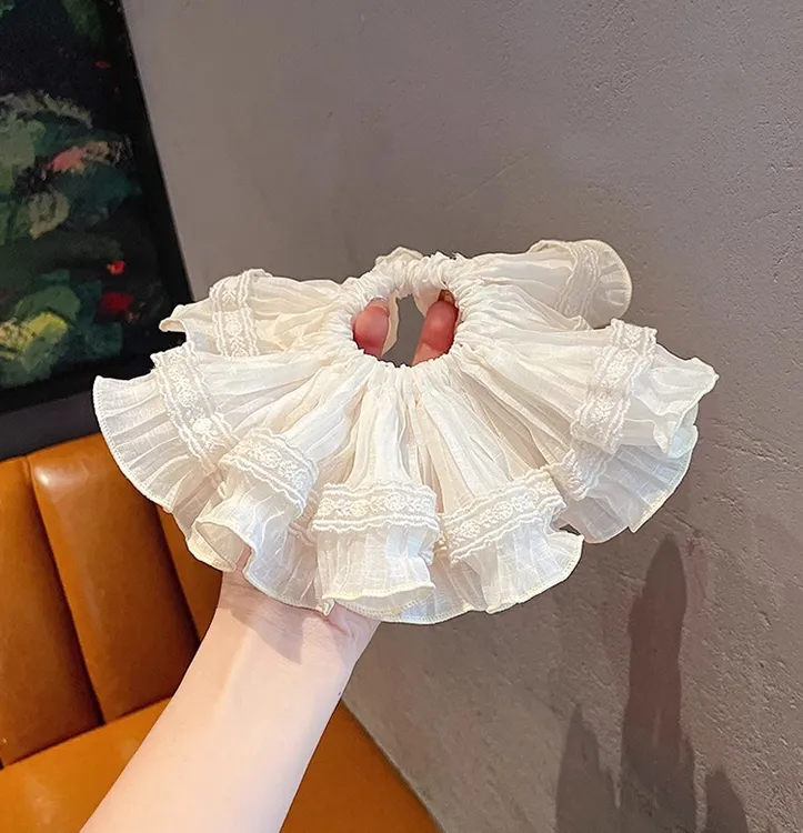 温柔米白色大肥肠发圈2025新款扎马尾头绳蕾丝花边发圈高级感头饰