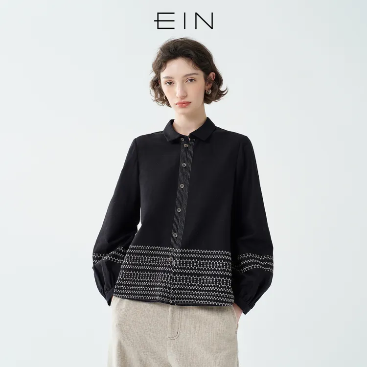 EIN/言法式复古绣花优雅灯笼袖纯棉文艺休闲衬衫女2025秋季新款