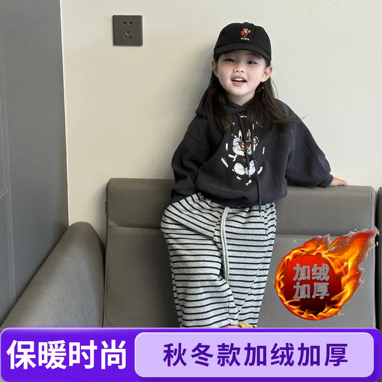 儿童加绒加厚卫衣套装男女宝宝韩版卡通两件套洋气套装