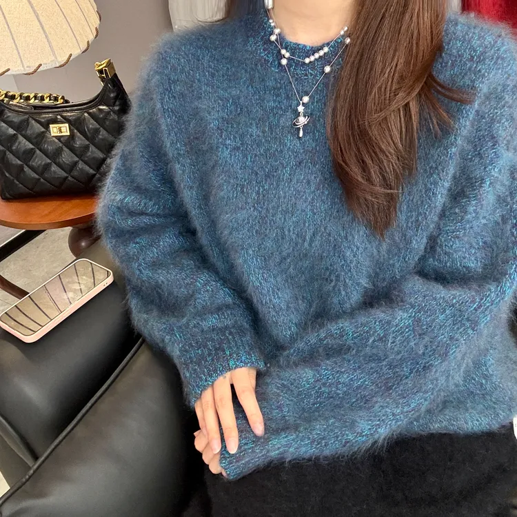 2025秋冬新款百搭羊毛拉绒纯色慵懒风长袖针织衫7177圆领加厚