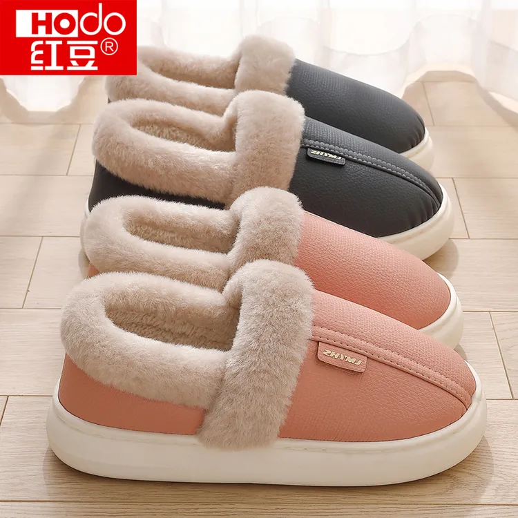 红豆老人防水棉拖鞋女款冬季防滑2025新款保暖PU全包跟老年棉鞋女