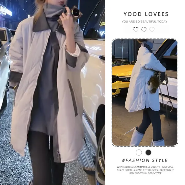 设计感拼接撞色翻领长袖中长款棉服女2025冬季菱形格夹棉保暖外套