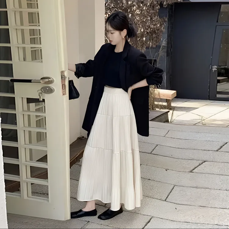 杏色百褶蛋糕裙A型休闲风长裙高腰显瘦半身裙时尚中长款半裙百搭