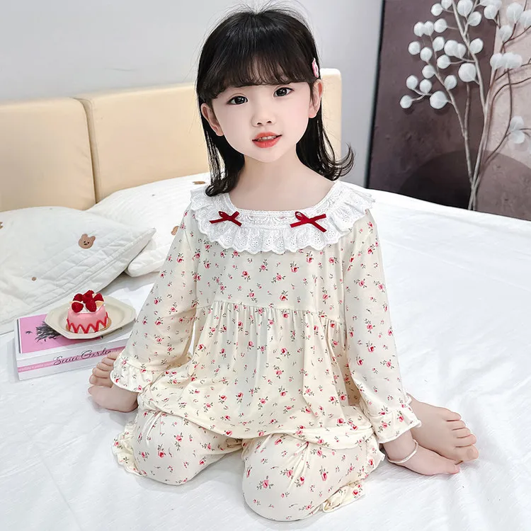 花边公主风女童莫代尔睡衣儿童夏季小童女孩透气家居服长袖空调服