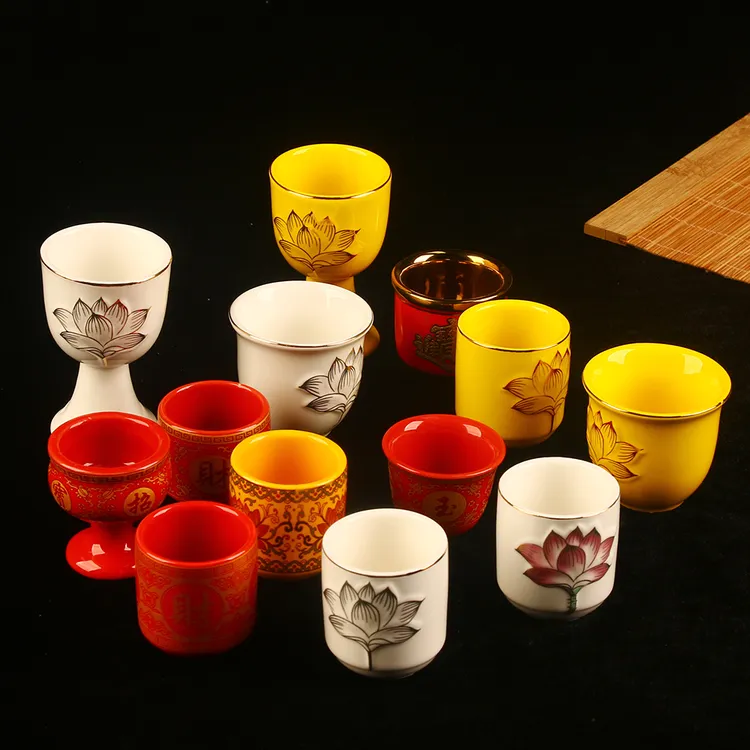 莲花净水直口杯财神供酒杯供水杯供佛前酒杯家用室内陶瓷观音贡杯