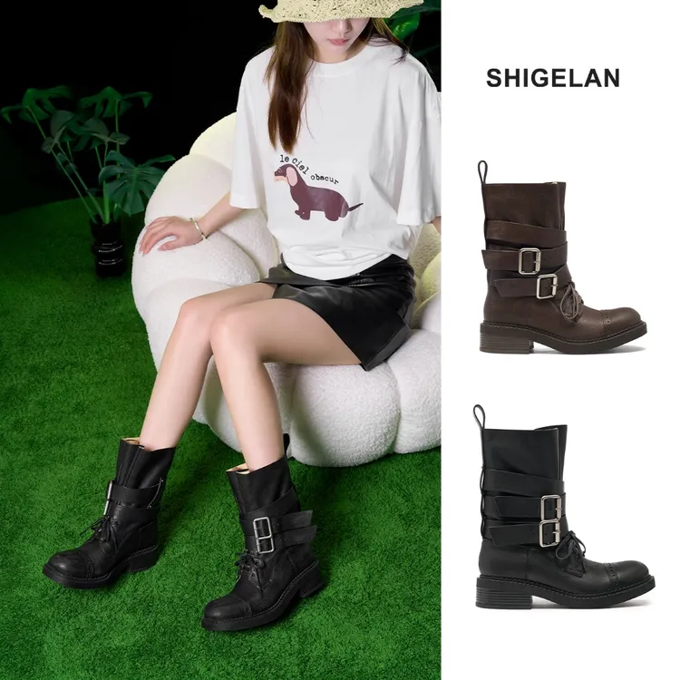 诗歌兰25新款英伦风皮带扣通勤骑士靴短筒真皮高极感女鞋30301-9