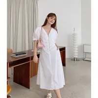晶咕白标 美学衍生力长款V领抽褶拉链连衣裙女夏季大码收腰显瘦