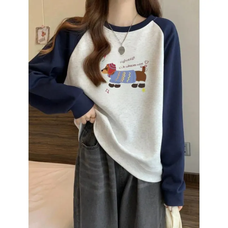 插肩卡通圆领卫衣2025秋冬新款洋气时尚大码宽松加绒加厚套头上衣