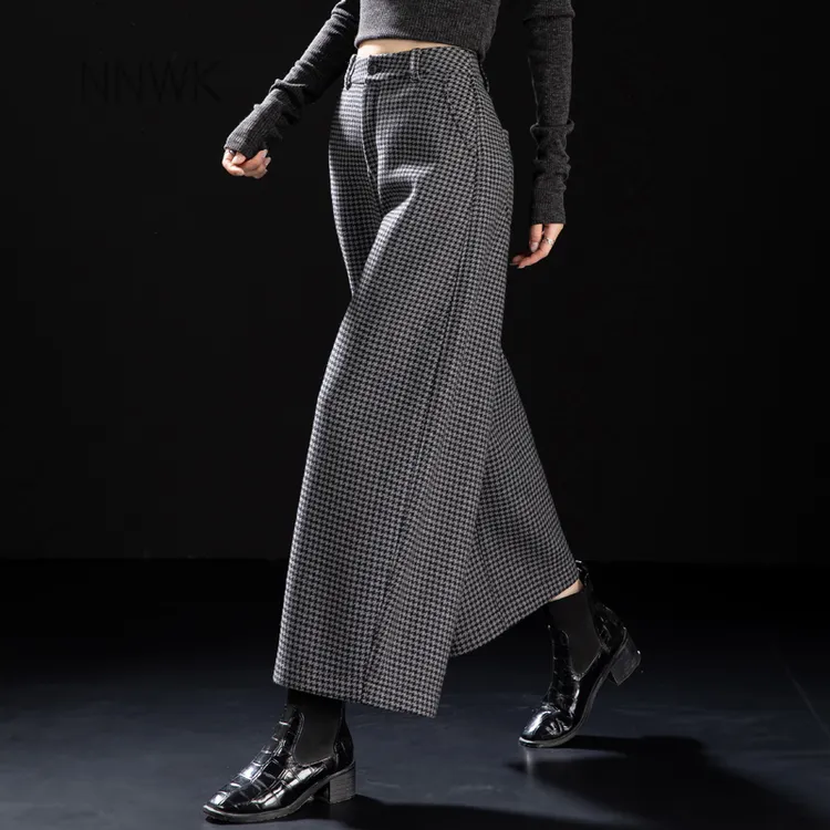 2025秋冬女士新款加绒裤子毛呢裤老钱风千鸟格九分裤格子裤弯刀裤