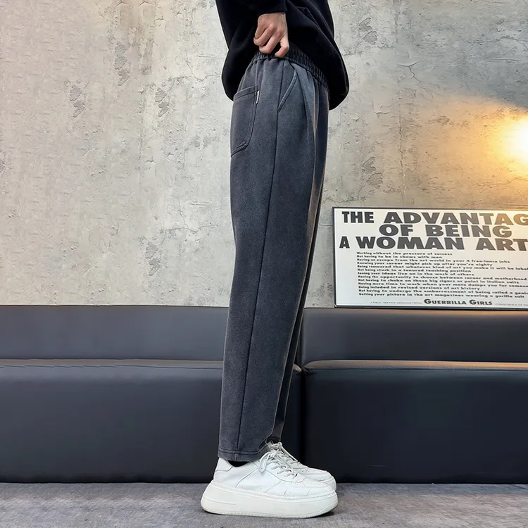 柳叶拼裆秋冬休闲裤男重磅加绒水洗微锥显瘦cleanfit直筒长裤卫裤