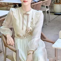 【有里布】2025新款春季长袖气质连衣裙国风米白色裙子女D0414
