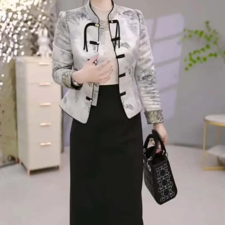 外套+连衣裙2025春季新款中式国风盘扣时尚洋气印花显瘦收腰套装