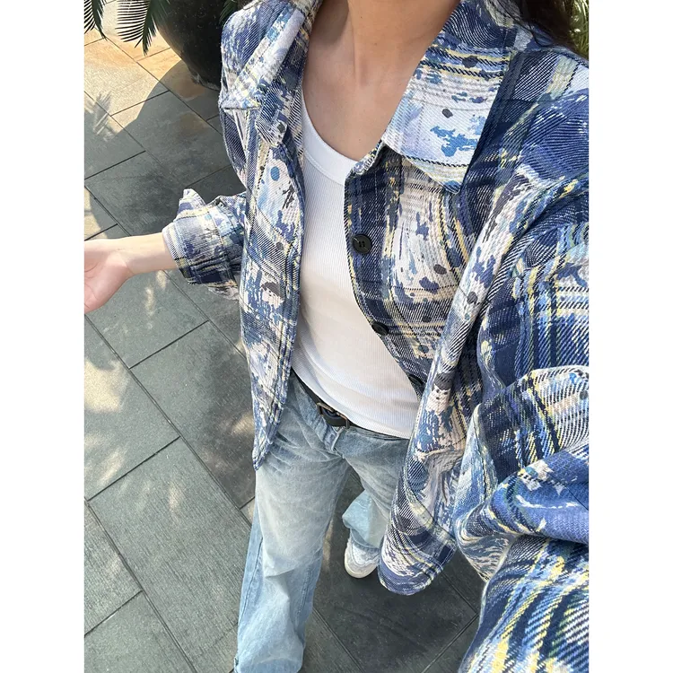 美式复古扎染蓝色格子衬衫男春秋款cleanfit磨毛宽松衬衣情侣外套