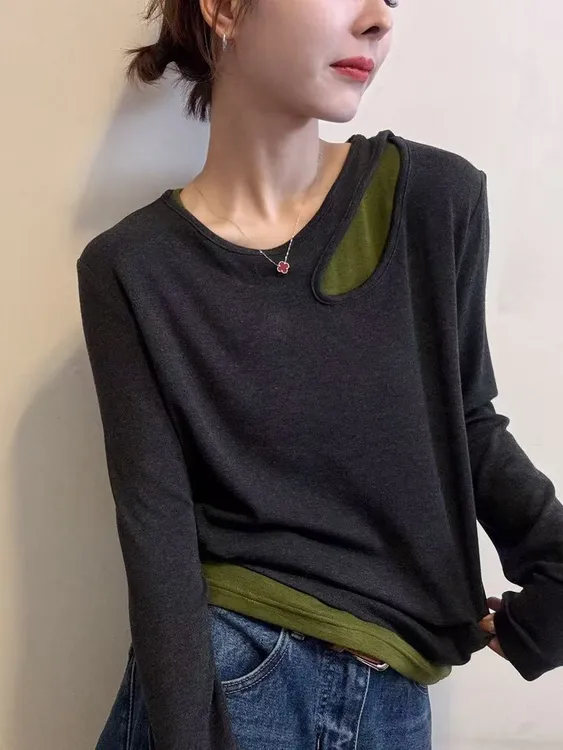 网红洋气炸街女装高级感圆领假两件长袖t恤打底衫内搭上衣秋季潮