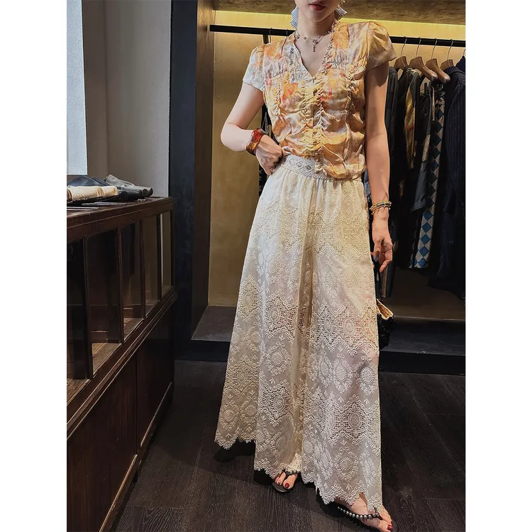 三吉黑花【忘忧岛】新中式国风绣花蕾丝阔腿裤子2025新款女夏薄款