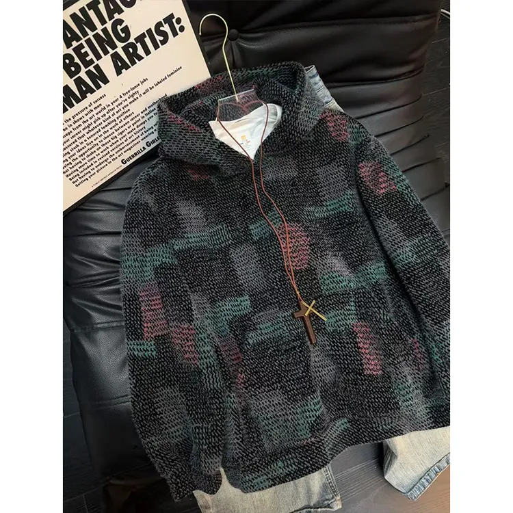 美式复古毛绒针织连帽卫衣男款秋冬cleanfit重磅格子外套休闲上衣