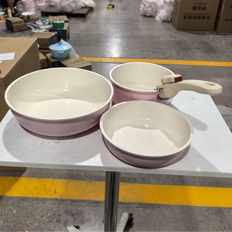 【外贸原单】粉色三件套叠叠锅26炒锅胚+18奶锅+20煎锅胚+手柄微瑕