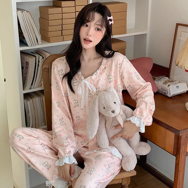 新款秋冬季睡衣女羊绒长袖加厚保暖甜美公主风开衫卡通家居服套装
