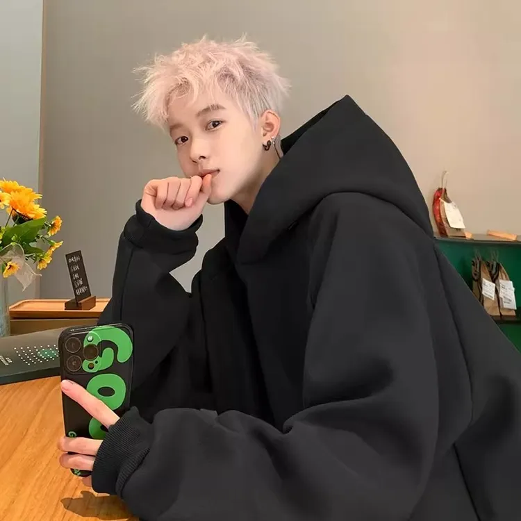 黑色600g重磅卫衣男硬挺春秋美式复古纯色连帽外套oversize情侣装