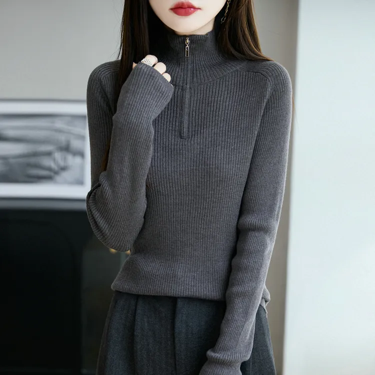 法式高端精纺羊毛拉链半开领针织衫女2025新款翻领长袖打底衫毛衣
