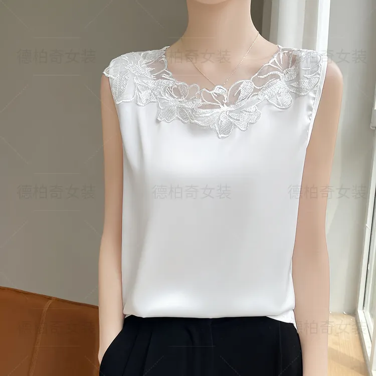 德柏奇2025夏季新款吊带缎面打底女士无袖内搭短袖T恤上衣妈妈装