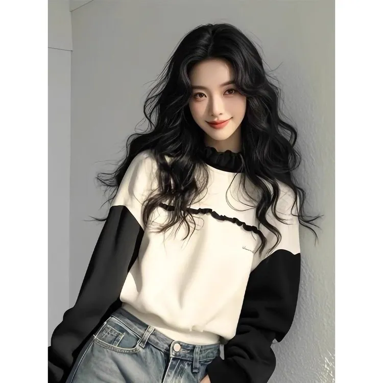 SS44超好看独特漂亮黑白撞色套头长袖卫衣女款2025新款小个子上衣