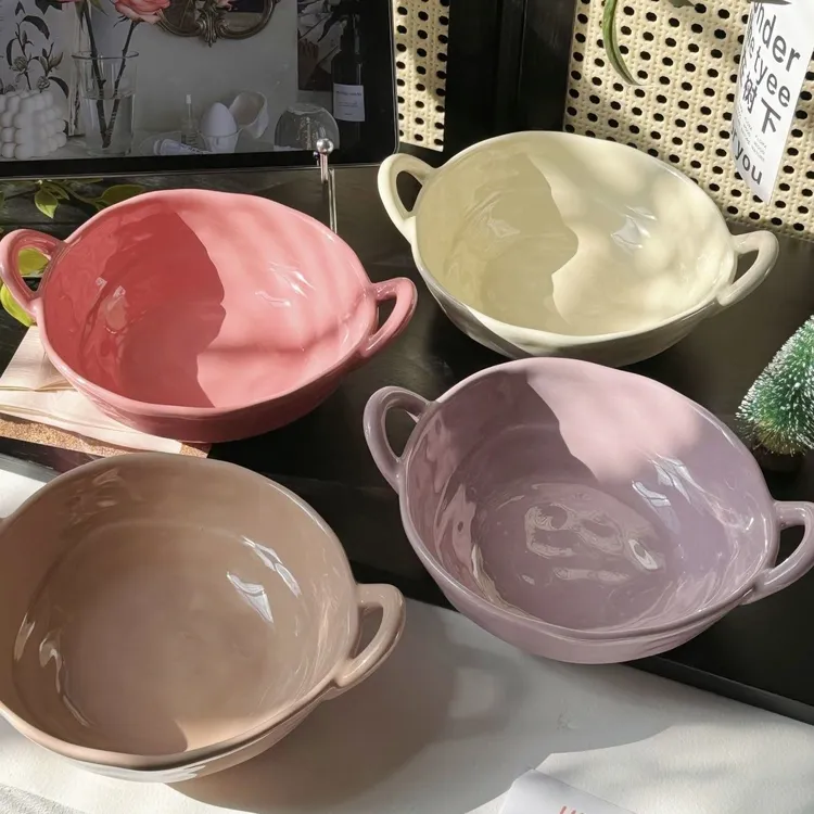 高颜值双耳碗家用酸奶碗具沙拉水果碗陶瓷餐具盘子汤碗漂亮泡面碗